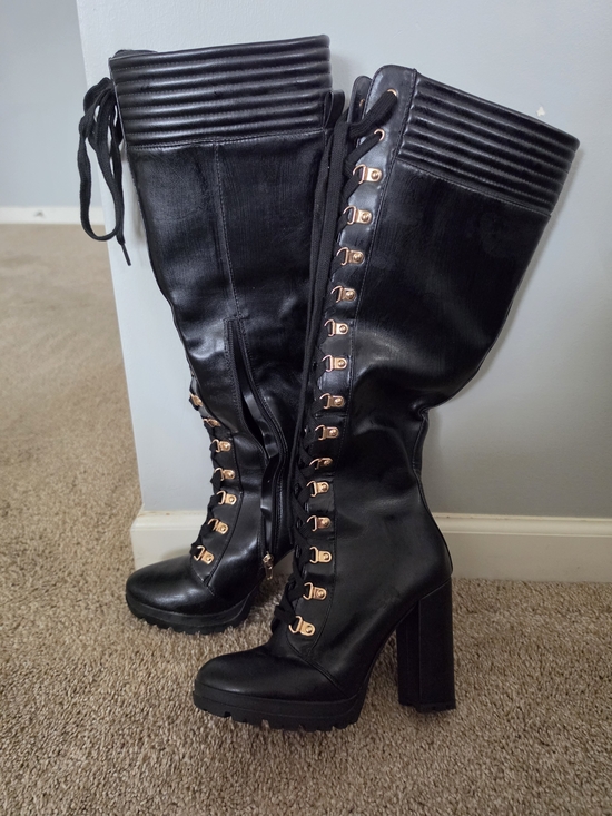 Shoes - Black Lace-Up High Heel Knee Boots - Women's